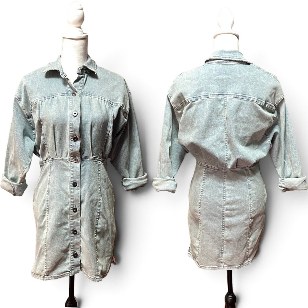 Free People Light Wash Denim Shirt Dress 6 Button Front Long Sleeve Cotton